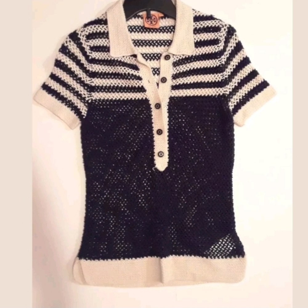 Tory Burch Navy Blue & Beige Crochet Sweater